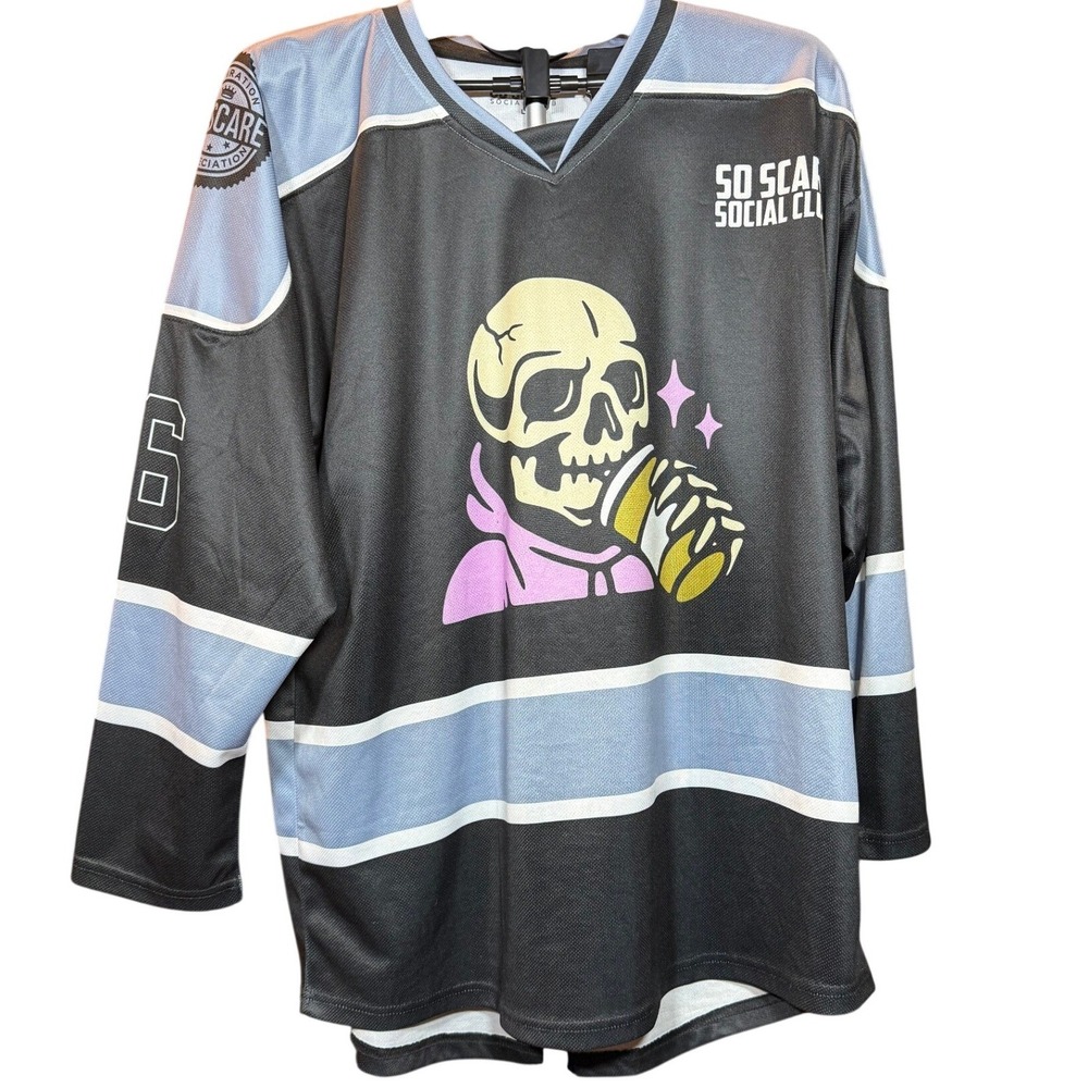 So Scare Social Club Hockey Jersey Mens Black Blue Skull Graphic Number 16 XL